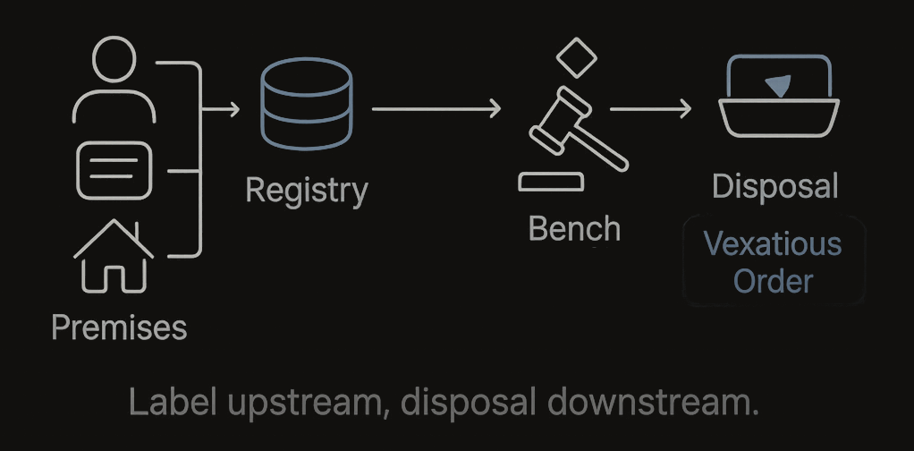 Police/registry labels attached to person/vehicle/address feed a bench threshold and end in standardised disposal.
