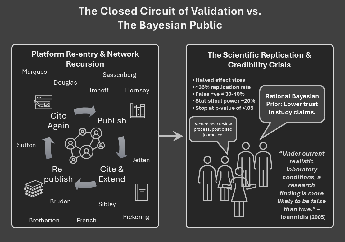 The field operates a closed, self-validating network, systematically ignoring the meta-scientific fragility of its own foundation. A public that discounts their claims is practicing Bayesian rationality, not pathology.