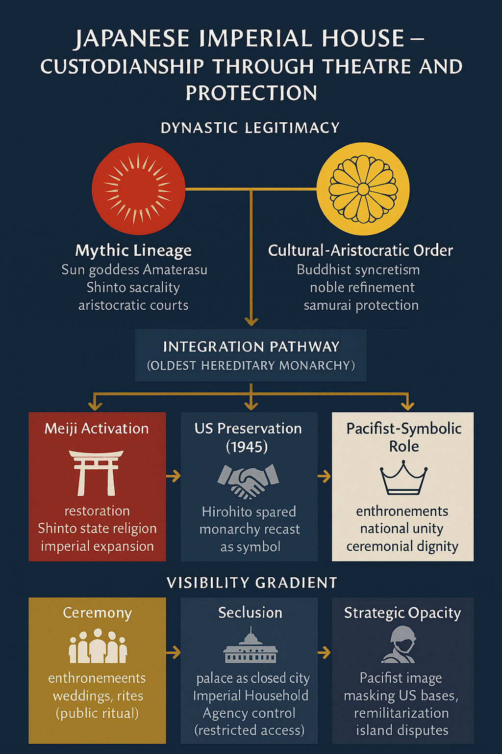 Figure 4. Japanese Imperial House – Custodianship through Theatre and Protection. The Japanese monarchy combines mythic lineage and aristocratic order with US protection after 1945. Custodianship is staged through ritual ceremony, sustained by seclusion, and obscured by a pacifist image that masks militarisation and strategic dependency.