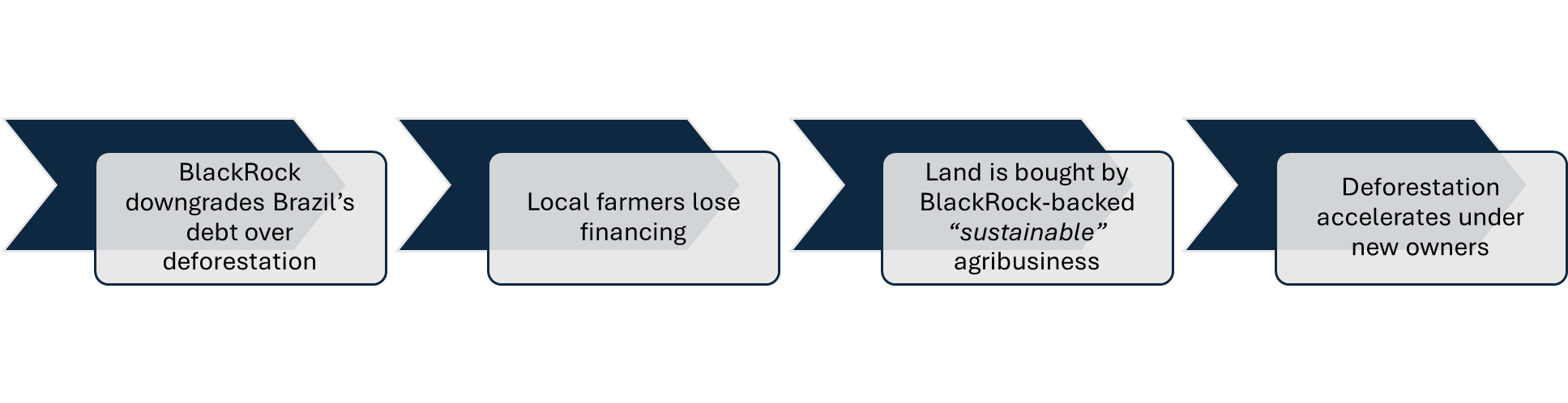 BlackRock downgrades Brazil’s debt over deforestation → local farmers lose financing → land is bought by BlackRock-backed “sustainable” agribusiness → deforestation accelerates under new owners