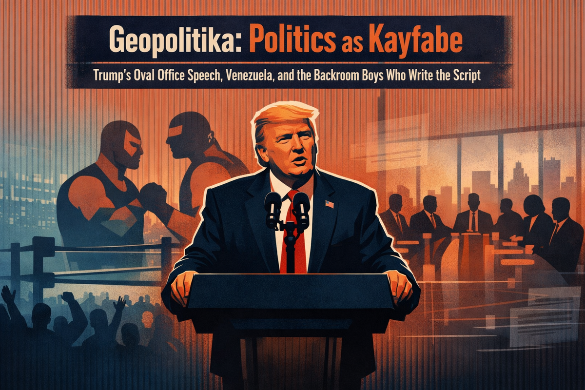 Geopolitika: Politics as Kayfabe – Trump’s Oval Office Speech, Venezuela, and the Backroom Boys Who Write the Script