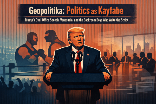 Geopolitika: Politics as Kayfabe – Trump’s Oval Office Speech, Venezuela, and the Backroom Boys Who Write the Script